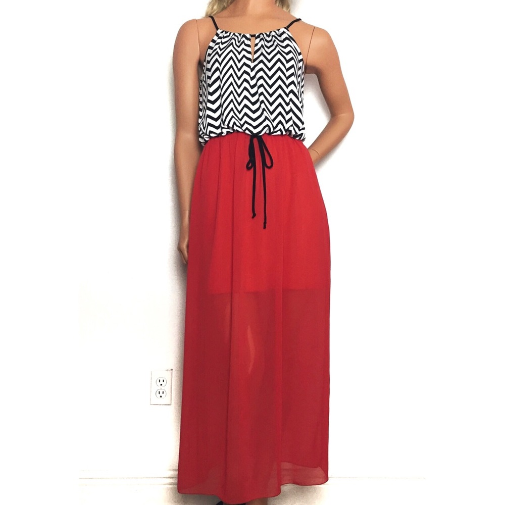 Chevron Stripe Red Orange Maxi Dress